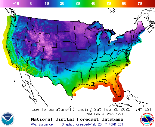 Graphic Forecast of Temperatures Across the US from the National Digital Forecast Database