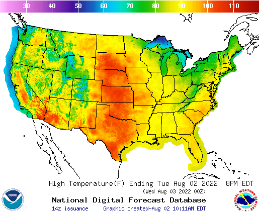 Graphic Forecast of Temperatures Across the US from the National Digital Forecast Database